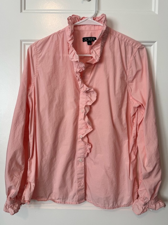 J. Crew Tops - J.Crew Ruffle Front Blouse Pink Button Down Feminine Preppy Size 6 Cottagecore